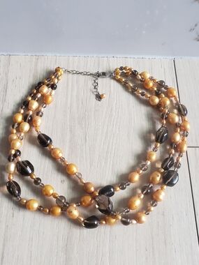 Ross-Simons Sterling Silver Golden Pearl and Smoky Quartz 3-Strand Choker Neckla